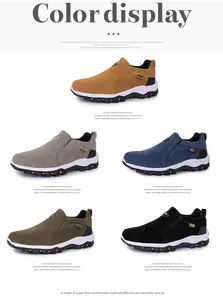 Multi-color display of men's suede outdoor loafers for hiking and casual wear.