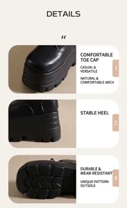 Details der 14cm schwarzen Plateau-Martin-Stiefel mit Fokus auf Spitze, Ferse und Sohle.