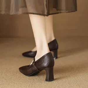 Vintage brown square toe Mary Jane pumps with block heel and adjustable ankle strap