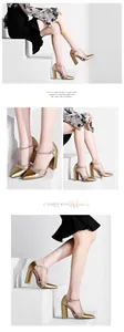 Detaillierte Ansichten von goldenen Glitzer-Pumps mit T-Riemen und Blockabsatz für Damen.