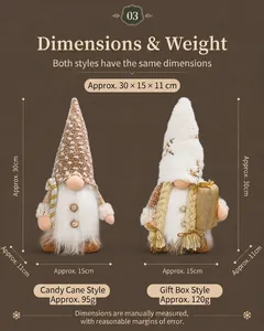 Spécification détaillée du produit indiquant la taille et le poids des gnomes de Noël.