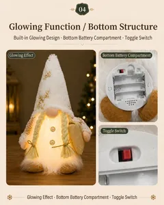 Détail d'un gnome de Noël lumineux avec compartiment à piles et interrupteur à bascule