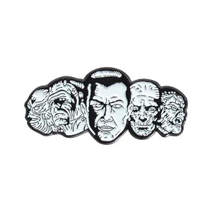 Horror movie monster enamel pin featuring Frankenstein, Pinhead and Leatherface characters