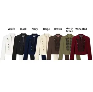 Women Vintage Military Style Blazer Jacket Slim Fit Padded Shoulder Gold Button Frogging Stand Collar Short Blazer Coat Outerwear