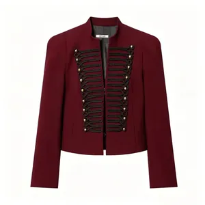 Detailed view of maroon military style blazer with gold buttons and black trim