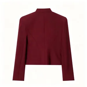 Back view detail of burgundy slim-fit blazer with padded shoulders and stand collar