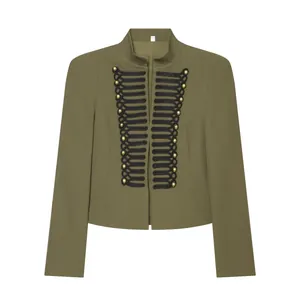 Close-up of military style blazer with black decorative braids and gold buttons