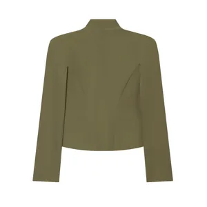 Rear view of minimalist olive green cropped blazer with padded shoulders and cape sleeves