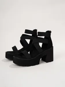 Sandales à plateforme pour femmes noires avec talon épais et brides élastiques croisées