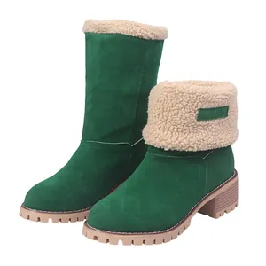 Green suede snow boots for women with warm beige faux fur lining and two-way wear design.