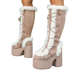 Gothic Lolita winter platform boots with warm plush trim and high chunky heels