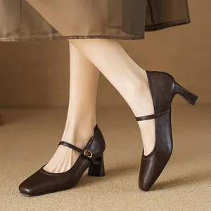 Detailed view of brown square toe Mary Jane pumps with chunky heels and buckle straps.
