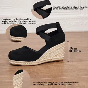 Sandalias de cuña de paja negras con plataforma de 8 cm y correas elásticas de verano
