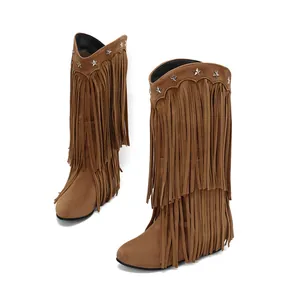Braune Wildleder-Fransenstiefel mit Sternnieten und verstecktem Keilabsatz.