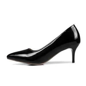 Side profile detail of professional black patent leather stilettos with 6cm heels.