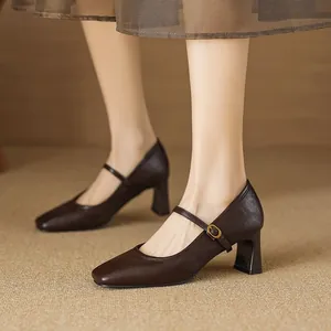 Women Retro Square Toe Mary Jane Chunky Heel Pumps One Strap Low Cut Dress Shoes Office Career Thick High Heels