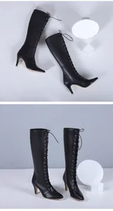 Vues détaillées de bottes hautes à lacets noires élégantes avec talons aiguilles et bout pointu