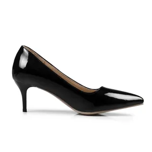 Side profile of black pointed toe stiletto pumps with 6cm mid-heel for work.