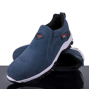 Macro side view of durable blue suede slip-on outdoor hiking and running shoes for men