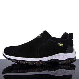 Side view of black suede men's outdoor hiking shoe with ZUODI sport logo design