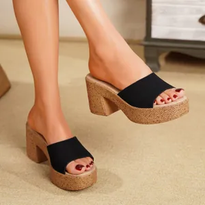 Sandalias de cuña negras con plataforma elegantes para mujer con suela de corcho natural