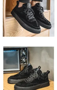Detailed macro view showing the premium suede texture of black men's casual board shoes