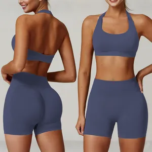 Set yoga due pezzi blu con reggiseno sportivo allacciato al collo e pantaloncini arricciati