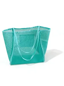 Large capacity turquoise mesh tote beach bag for women, stylish summer fashion accessory