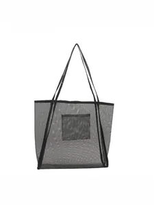 Large capacity black mesh tote bag for summer beach use, breathable and lightweight
