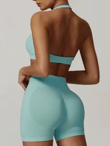 Vista posteriore di un set reggiseno sportivo allacciato al collo e pantaloncini azzurri