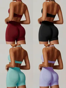 Reggiseno Sportivo da Donna con Scollo All'americana e Pantaloncini Push Up a Vita Alta in Nylon Spandex Completo Fitness Yoga