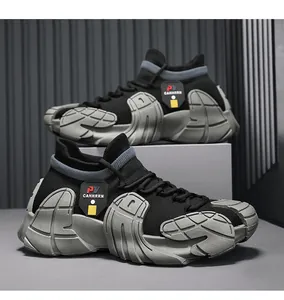 Detailed side view of black fly-knit outdoor sneakers with unique gray octopus soles