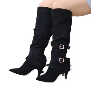Chic black over-the-knee boots with stiletto heels, pointed toes and buckle details.