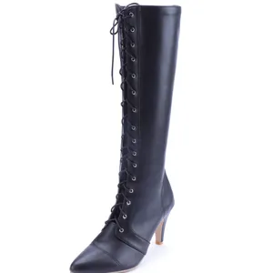 Bottes hautes noires à lacets avec talon aiguille élégant et bout pointu en cuir synthétique
