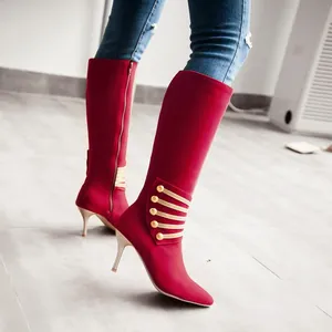 Women Suede Tall Boots Pointed Toe Stiletto High Heels Metal Buckles Retro Style Side Zipper Fashion Winter Knee High Boots