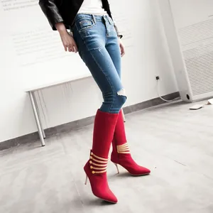 Fashionable retro red suede pointed-toe stiletto boots featuring elegant gold button accents.