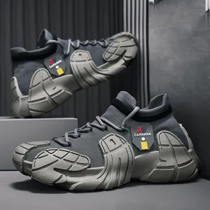 High-quality grey knitted leisure sneakers with unique chunky octopus sole for outdoor sports