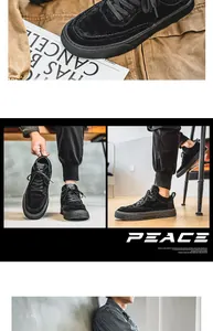 Macro detail view of black suede Harajuku style casual sneakers for men on feet