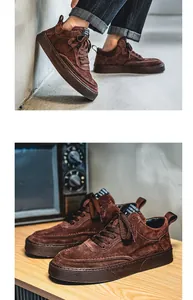 Detailed macro view of brown suede Harajuku style sneakers for men on a vintage desk