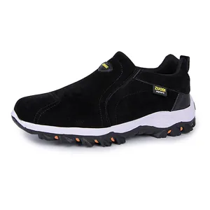 Black suede men's casual outdoor hiking slip-on sneakers with rugged outsole