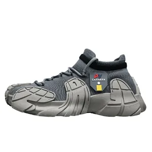 Grey fly-knit casual outdoor sports shoe featuring a unique chunky octopus sole