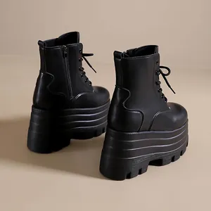 Gothic-Stil schwarze Plateau-Martin-Stiefel mit 14 cm dicker Sohle und Reißverschluss
