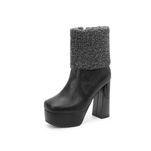 Women's black platform ankle boots with grey faux fur trim and thick high heels