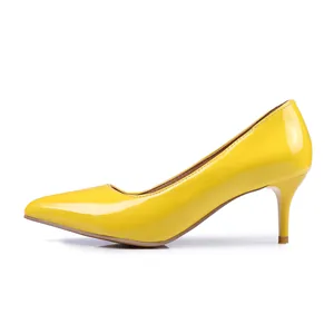 Side profile of yellow patent leather pointed-toe stiletto high heel shoes for office