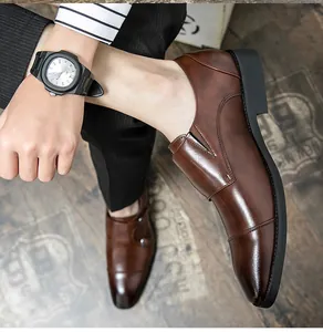 Close-up of stylish brown leather business shoes for men with a refined polished finish