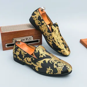 Herren Barock Blumen Stickerei Loafer Chinesischer Stil Slipper Formelle Schuhe Luxus Gold Muster PU Leder Party Loafer