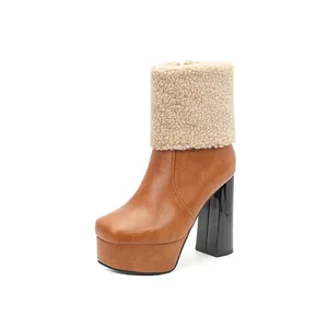 Detailed view of stylish brown platform chunky heel ankle boots with soft beige fur cuff