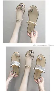 Elegant women's flat sandals with pearl pineapple design and ruffled decorative straps