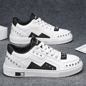 Men's Casual Studded Sneakers Rivet Skateboard Shoes Light Luxury Leather Low Top Flat Board Shoes Punk Trendy Footwear