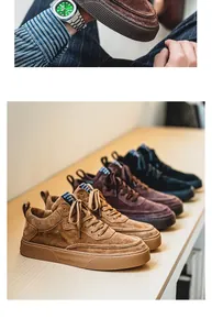 Close-up detail of men's suede casual board shoes in various earth-tone color options
